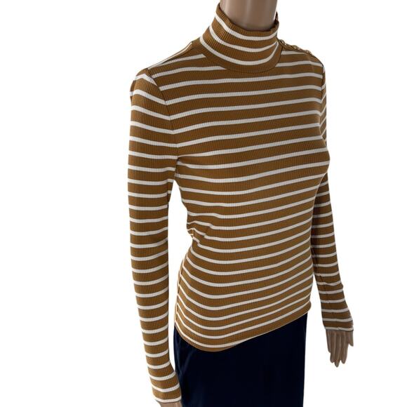 J. Crew Caramel Tan Striped Ribbed Gold Button Shoulder Top - Picture 4 of 10